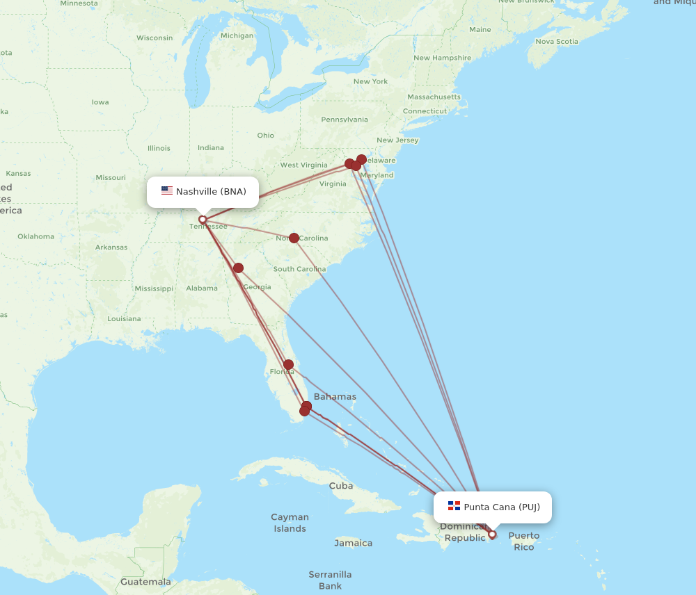 All flight routes from Nashville to Punta Cana, BNA to PUJ - Flight Routes