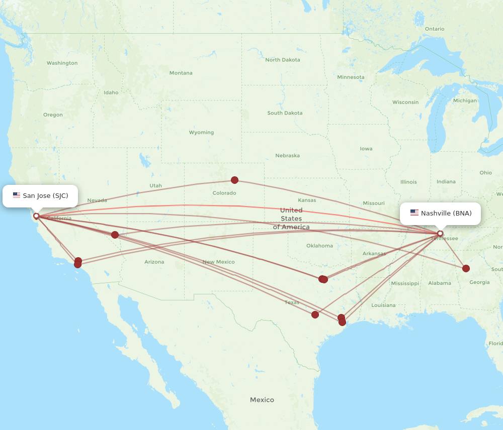 All flight routes from Nashville to San Jose, BNA to SJC - Flight Routes