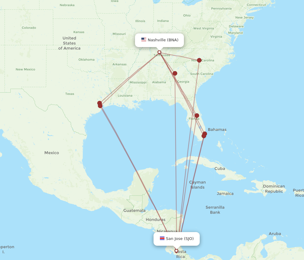 Flights from Nashville to San Jose BNA to SJO Flight Routes