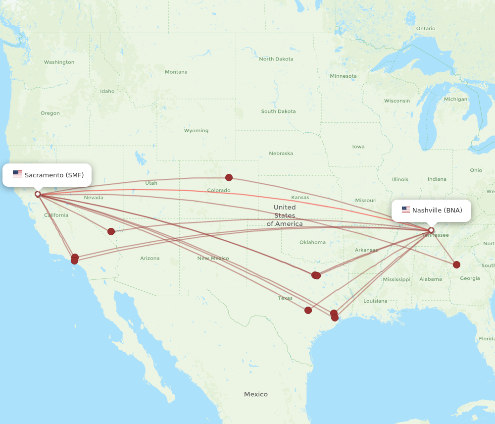 All flight routes from Nashville to Sacramento, BNA to SMF - Flight Routes