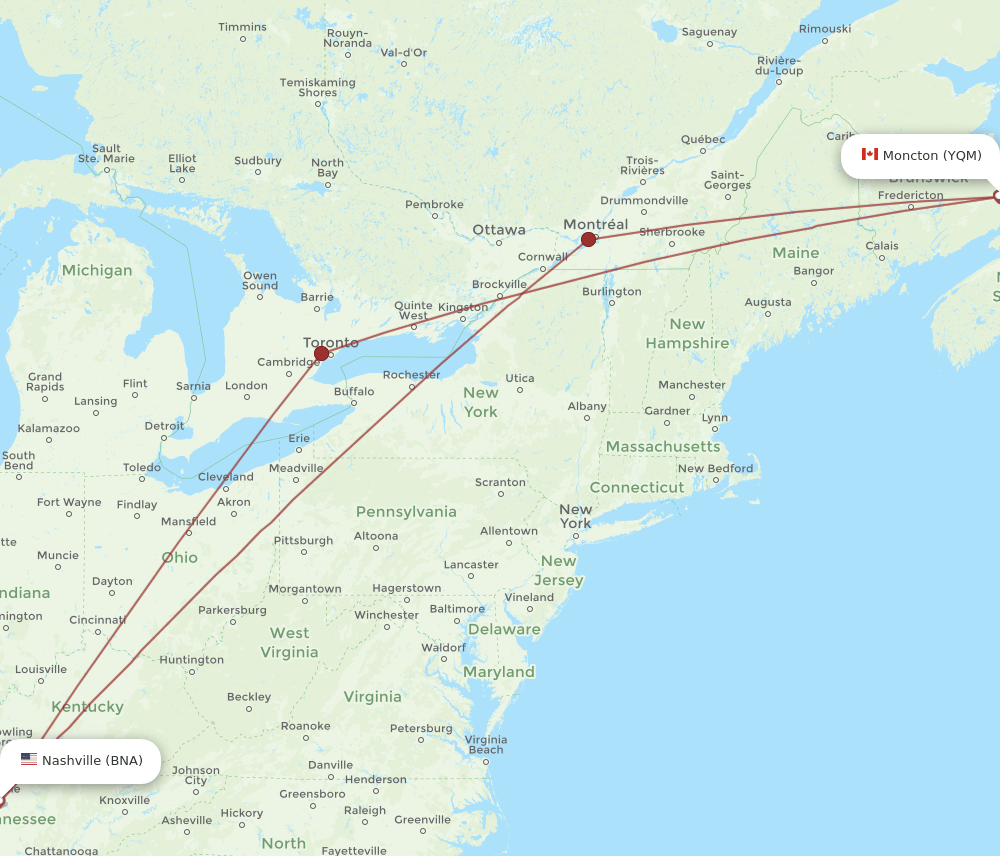 Flights from Nashville to Moncton, BNA to YQM Flight Routes