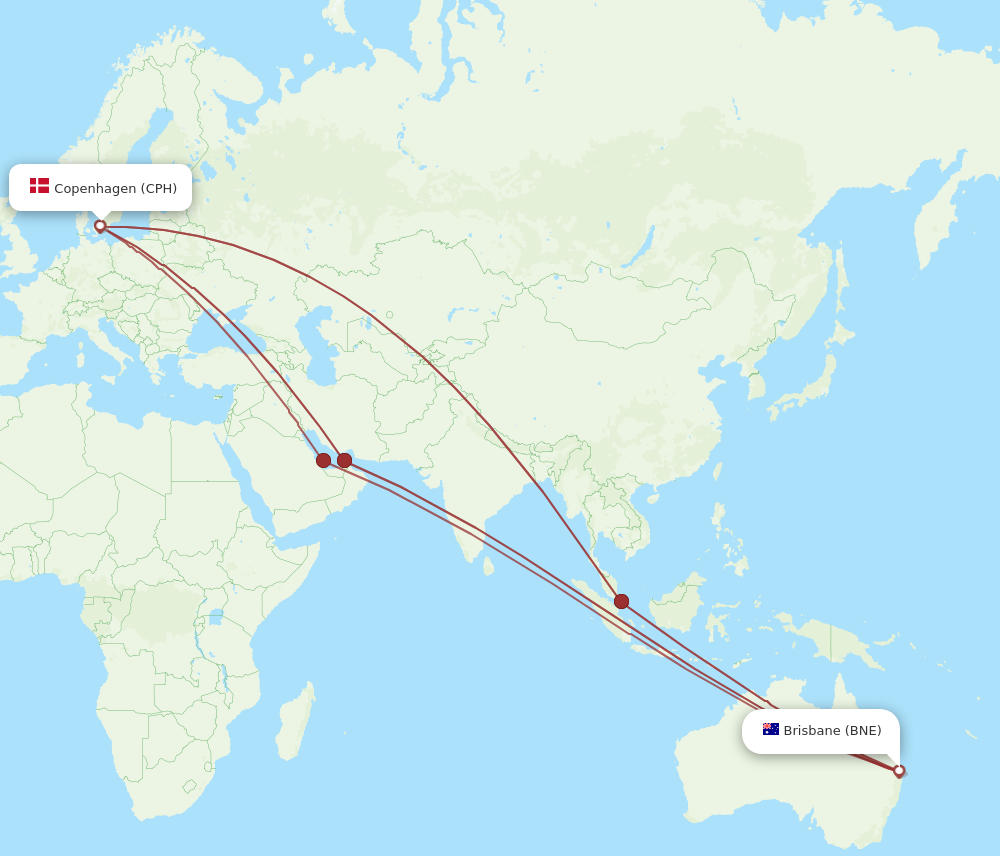 All flight routes from Brisbane to Copenhagen, BNE to CPH - Flight Routes