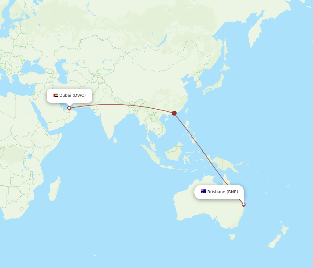 All flight routes from Brisbane to Dubai, BNE to DWC Flight Routes