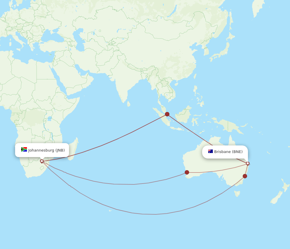 All flight routes from Brisbane to Johannesburg, BNE to JNB - Flight Routes