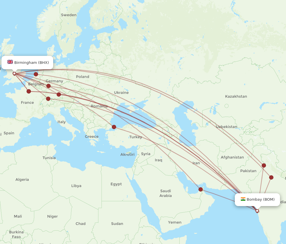 BOM to BHX flights and routes map