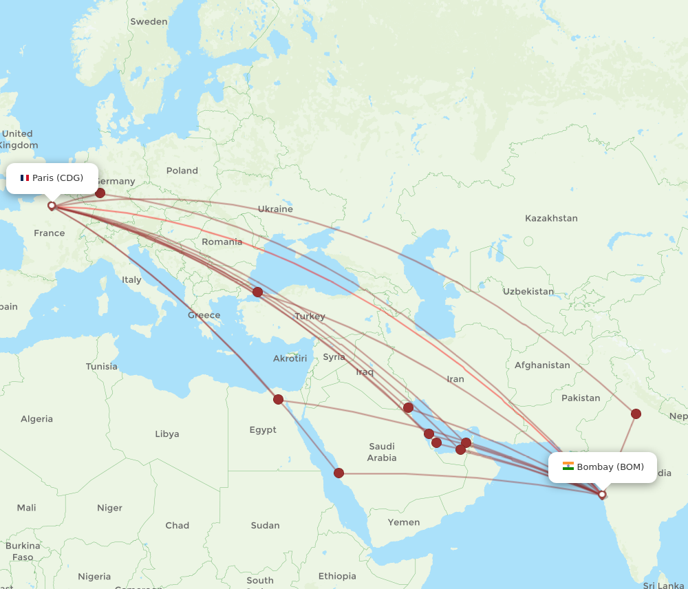 All flight routes from Mumbai to Paris, BOM to CDG - Flight Routes