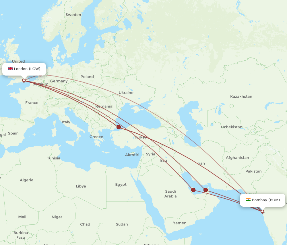 BOM to LGW flights and routes map