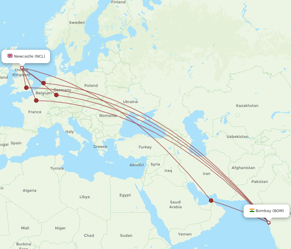 BOM to NCL flights and routes map