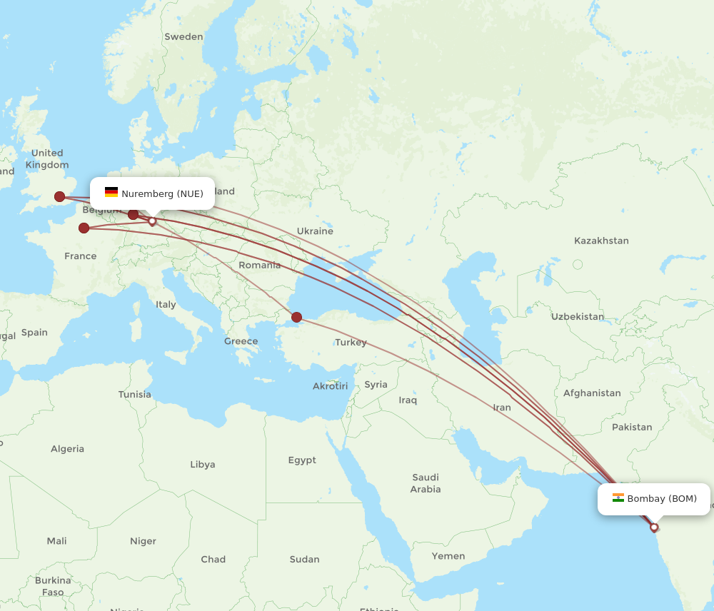 All flight routes from Mumbai to Nuremberg, BOM to NUE - Flight Routes