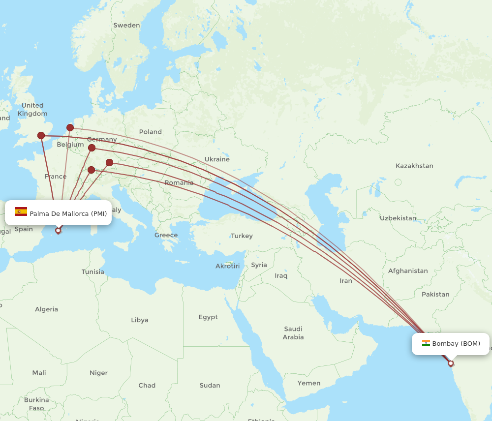 All flight routes from Mumbai to Palma de Mallorca, BOM to PMI - Flight ...