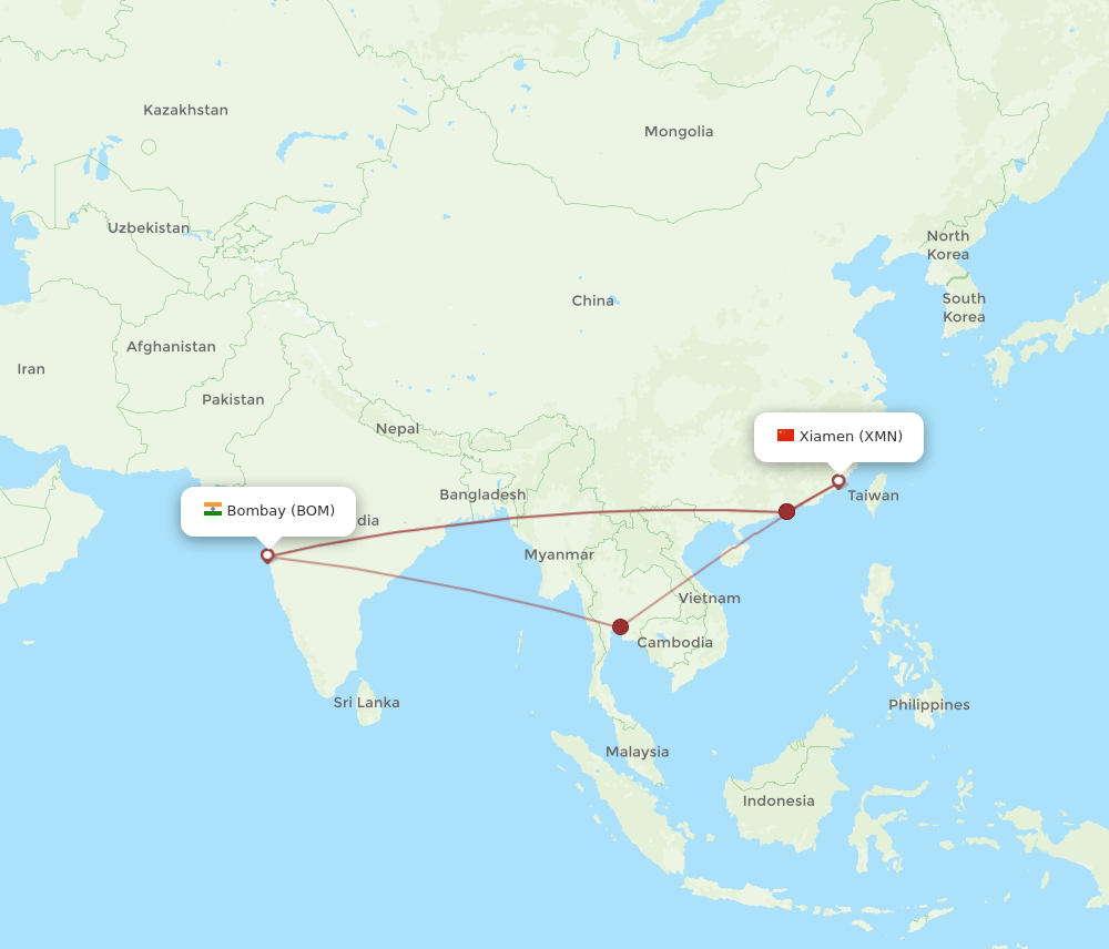 All flight routes from Mumbai to Xiamen, BOM to XMN - Flight Routes