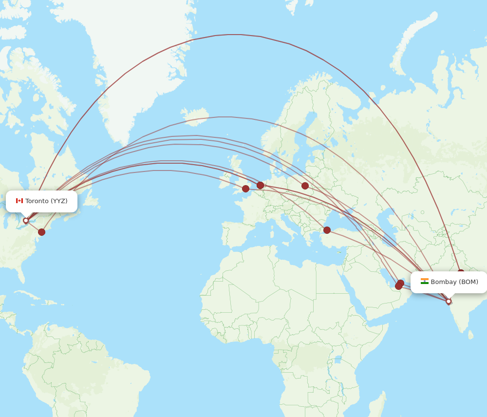 All flight routes from Mumbai to Toronto, BOM to YYZ - Flight Routes