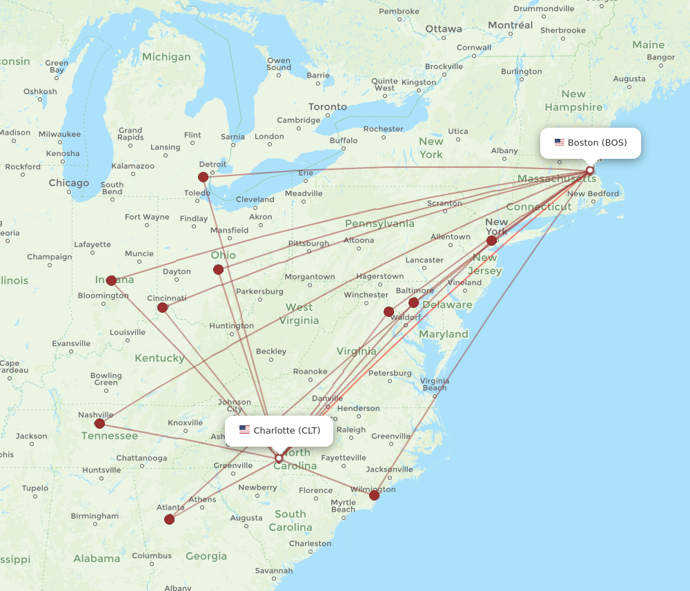 All flight routes from Boston to Charlotte, BOS to CLT - Flight Routes