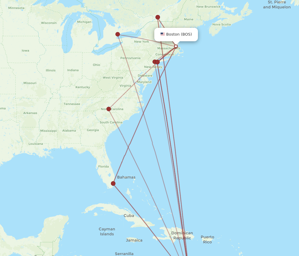 All flight routes from Boston to Curacao, BOS to CUR - Flight Routes