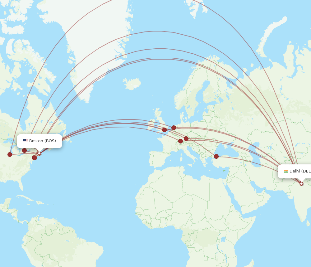 Flights from Boston to Delhi BOS to DEL Flight Routes