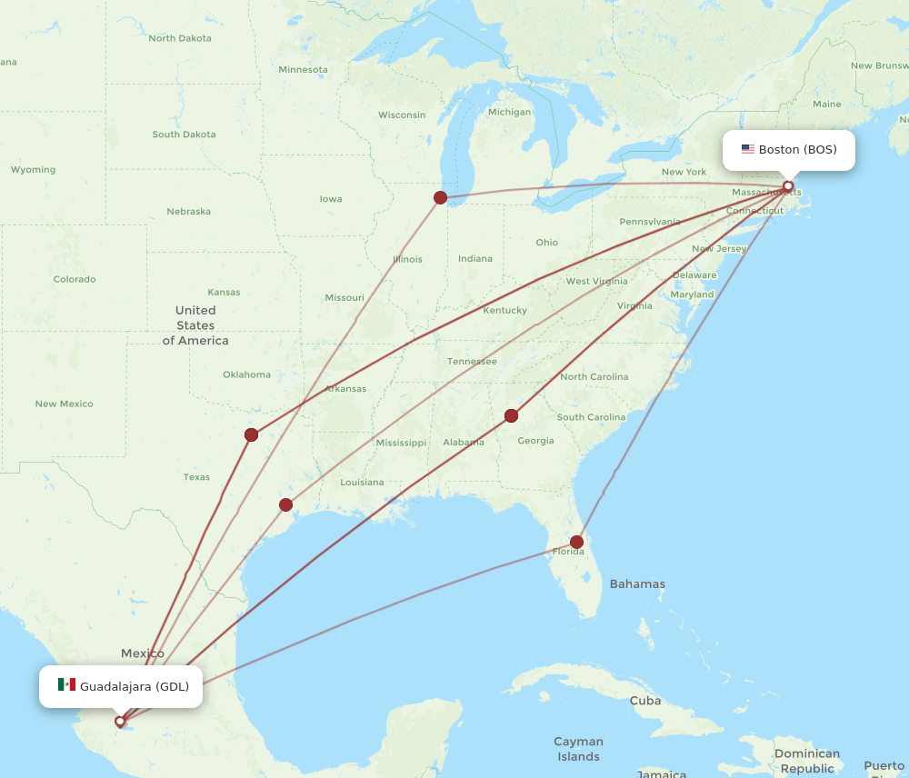 All flight routes from Boston to Guadalajara, BOS to GDL - Flight Routes