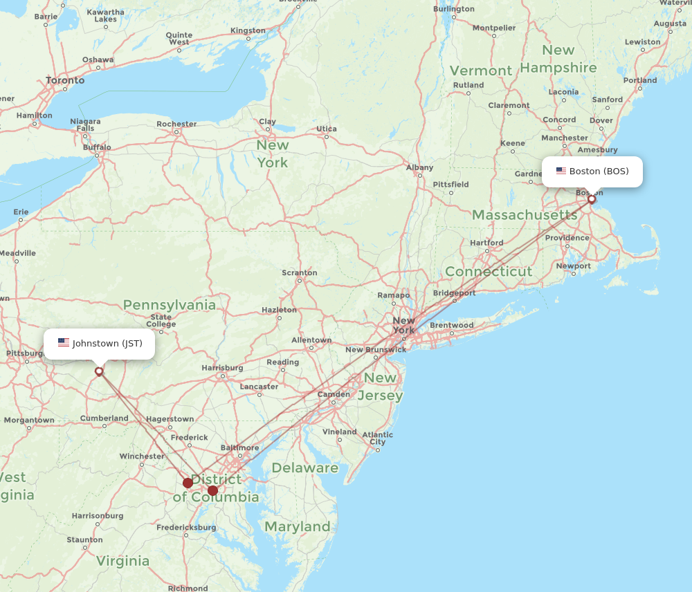 All flight routes from Boston to Johnstown, BOS to JST - Flight Routes