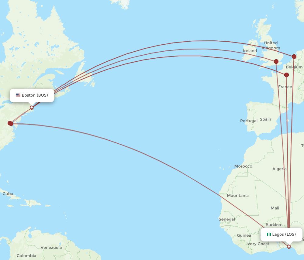 All flight routes from Boston to Lagos, BOS to LOS - Flight Routes