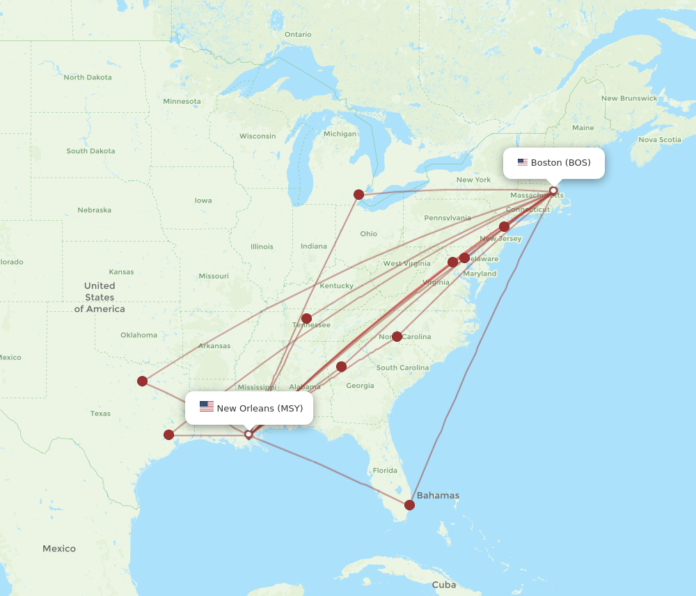 Flights from Boston to New Orleans BOS to MSY Flight Routes