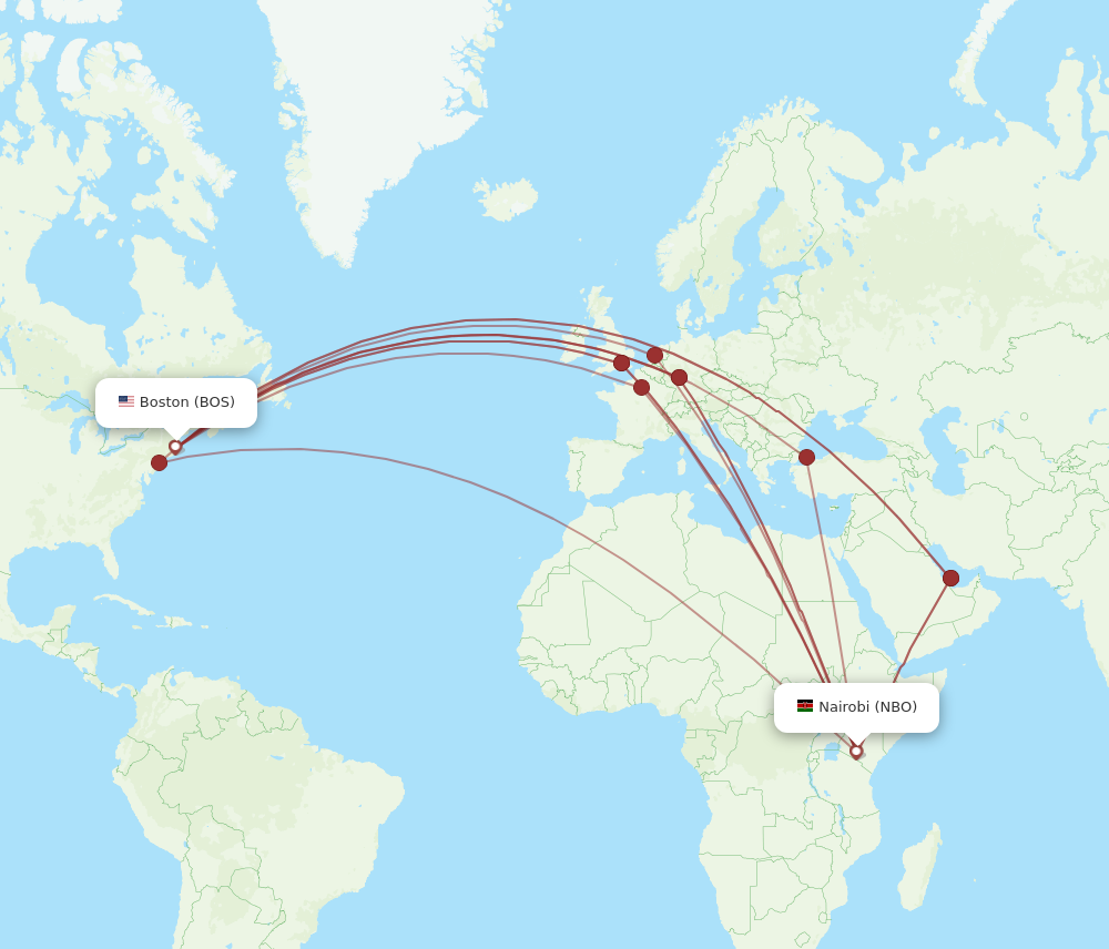 All flight routes from Boston to Nairobi, BOS to NBO - Flight Routes