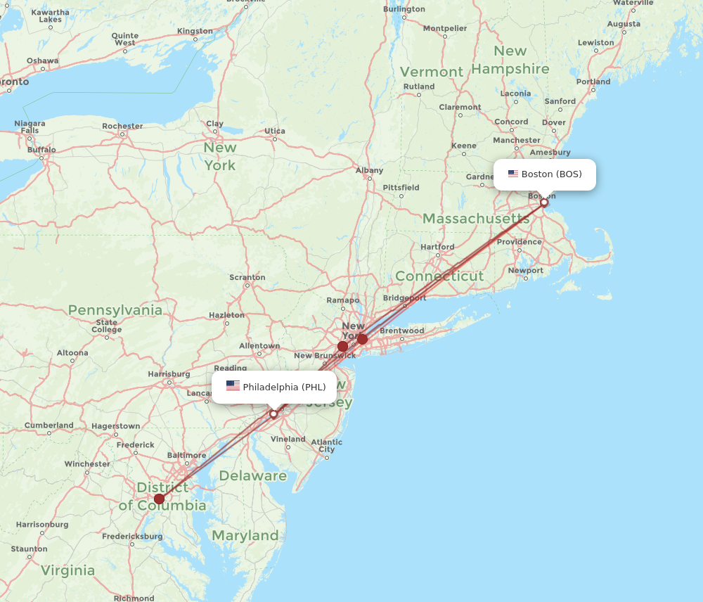 Flights from Boston to Philadelphia BOS to PHL Flight Routes