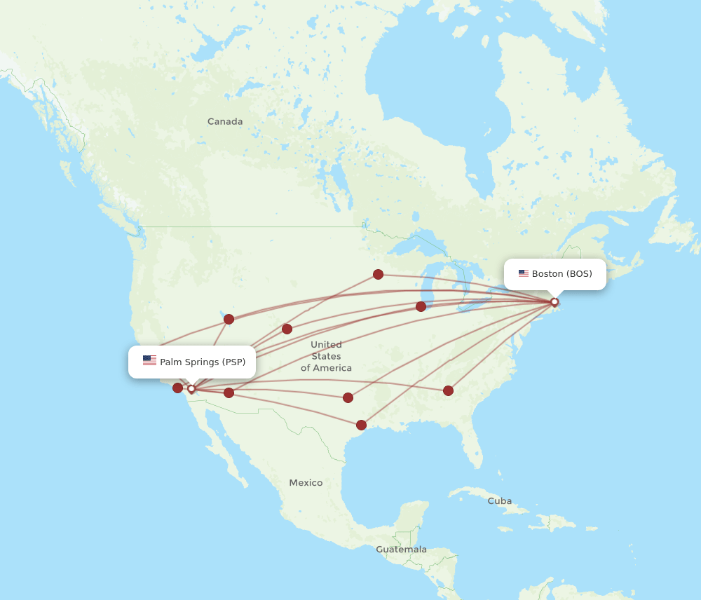 All flight routes from Boston to Palm Springs, BOS to PSP Flight Routes