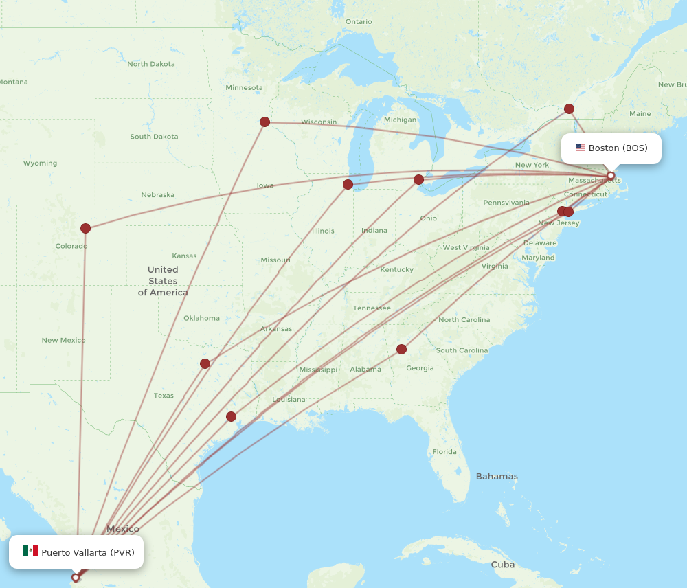 Flights from Boston to Puerto Vallarta BOS to PVR Flight Routes