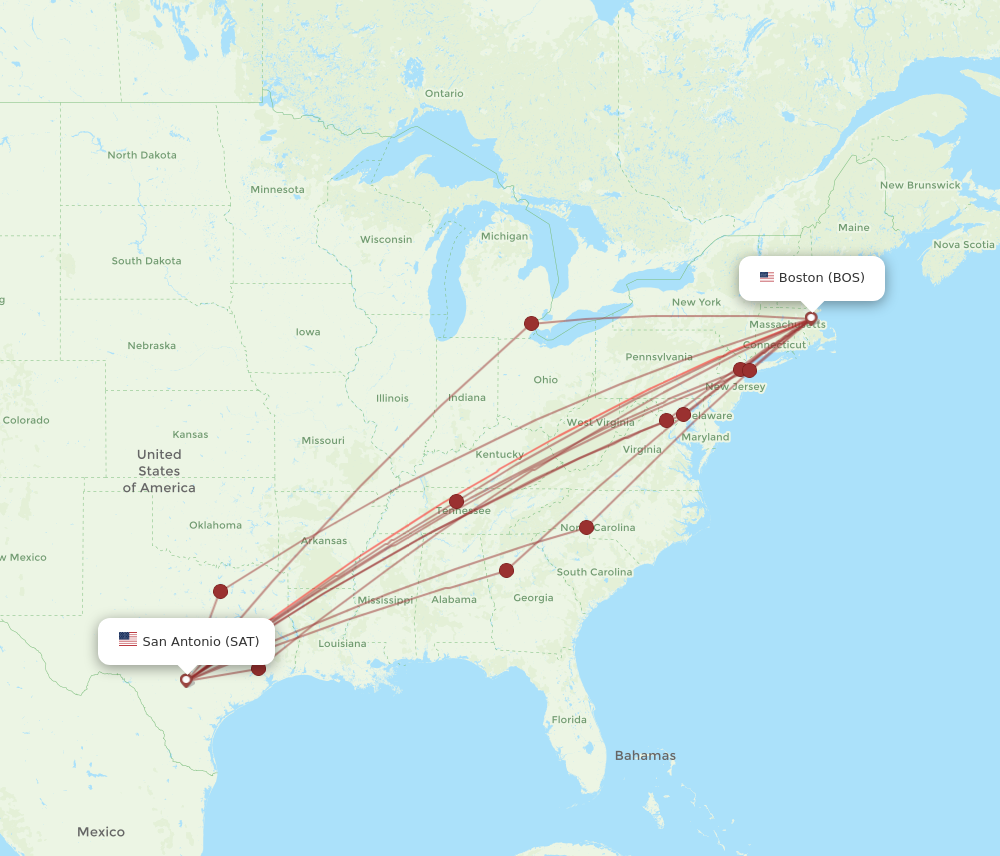 All flight routes from Boston to San Antonio, BOS to SAT - Flight Routes