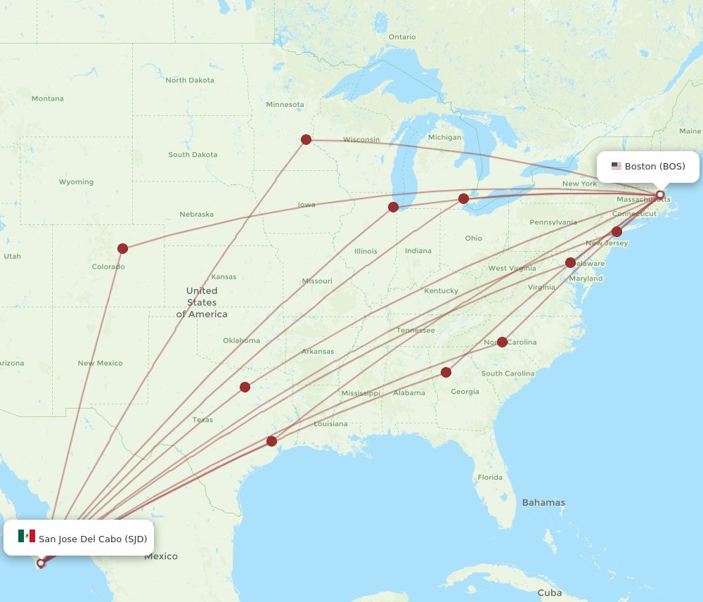 All flight routes from Boston to San Jose Cabo, BOS to SJD - Flight Routes