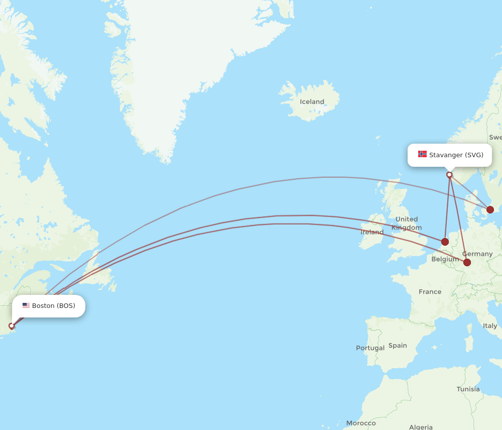 All Flight Routes From Boston To Stavanger, BOS To SVG - Flight Routes