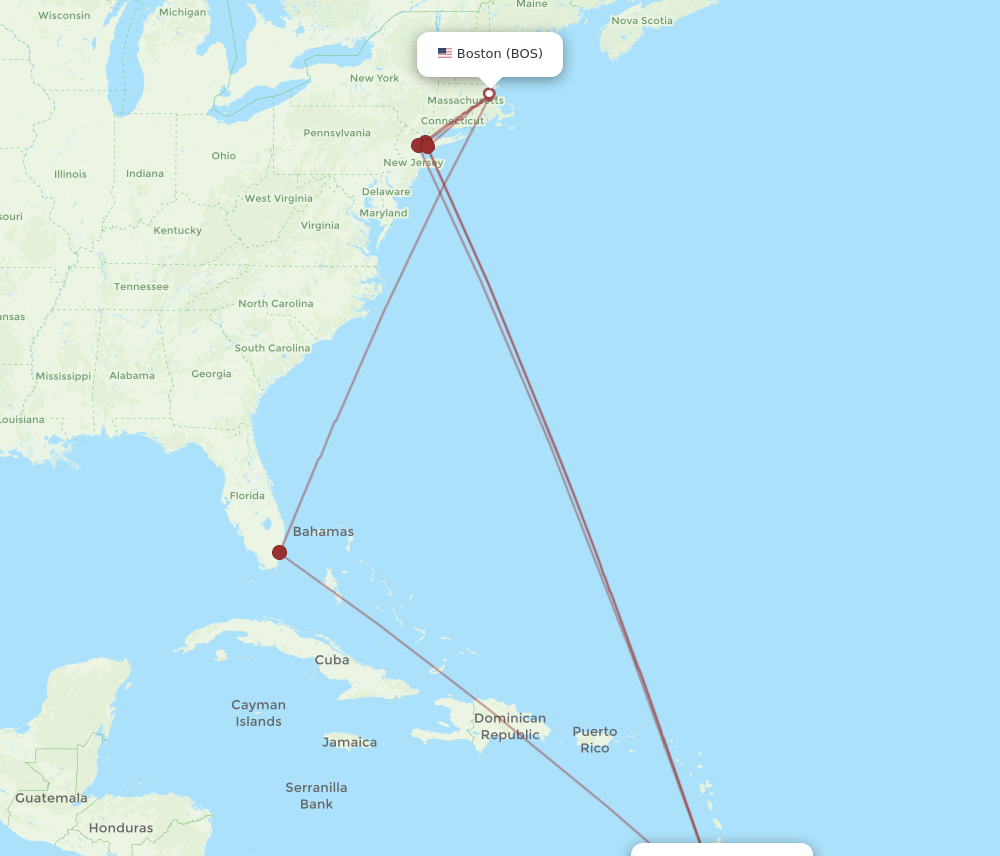 All flight routes from Boston to Tobago, BOS to TAB - Flight Routes