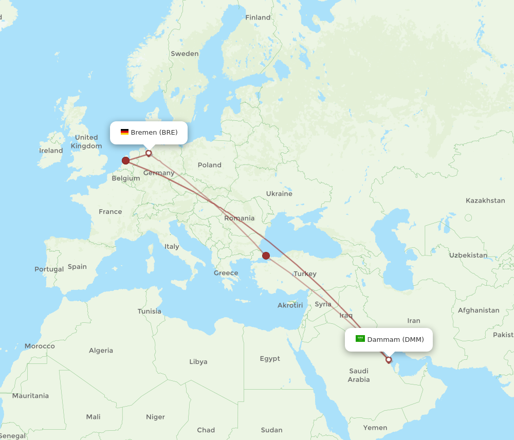 BRE to DMM flights and routes map