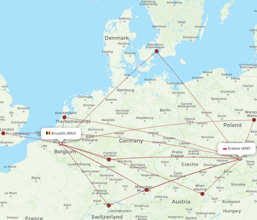 Flights from Brussels to Krakow BRU to KRK Flight Routes