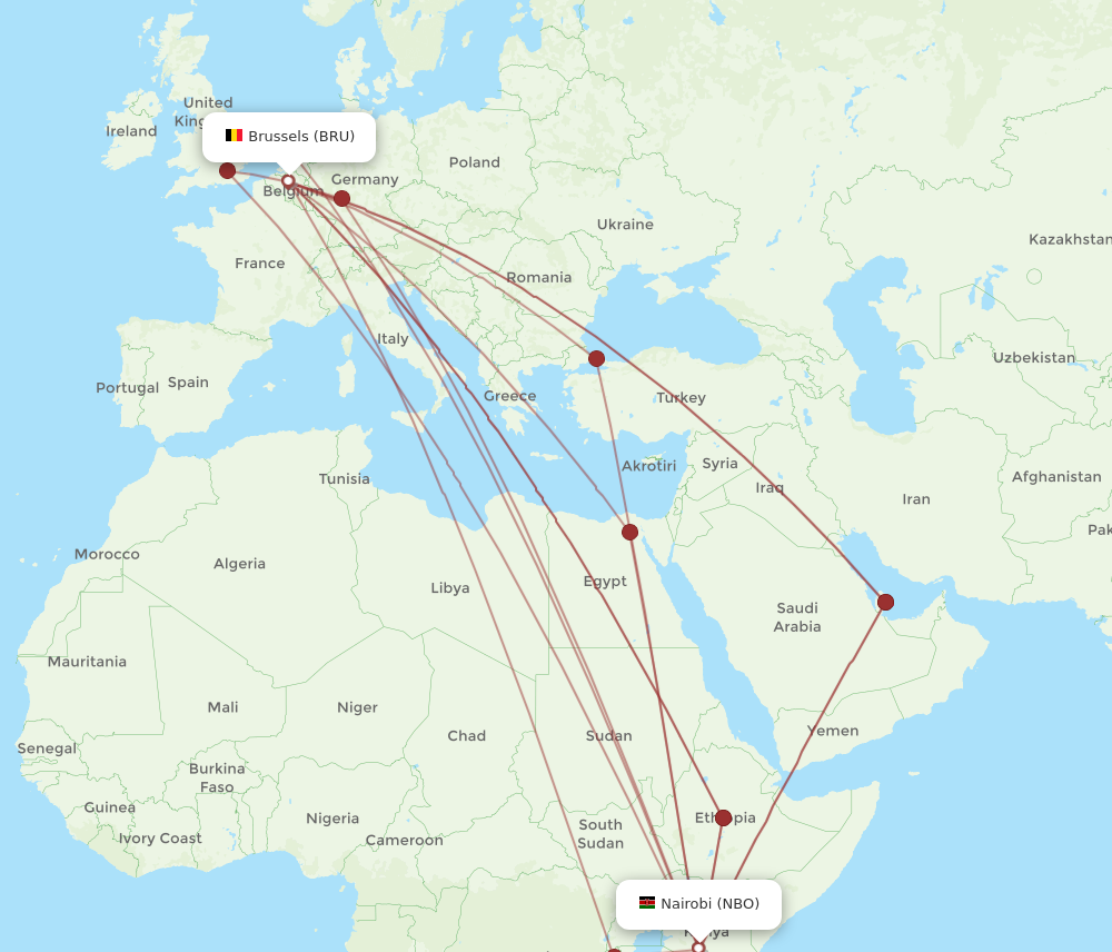 All flight routes from Brussels to Nairobi, BRU to NBO Flight Routes