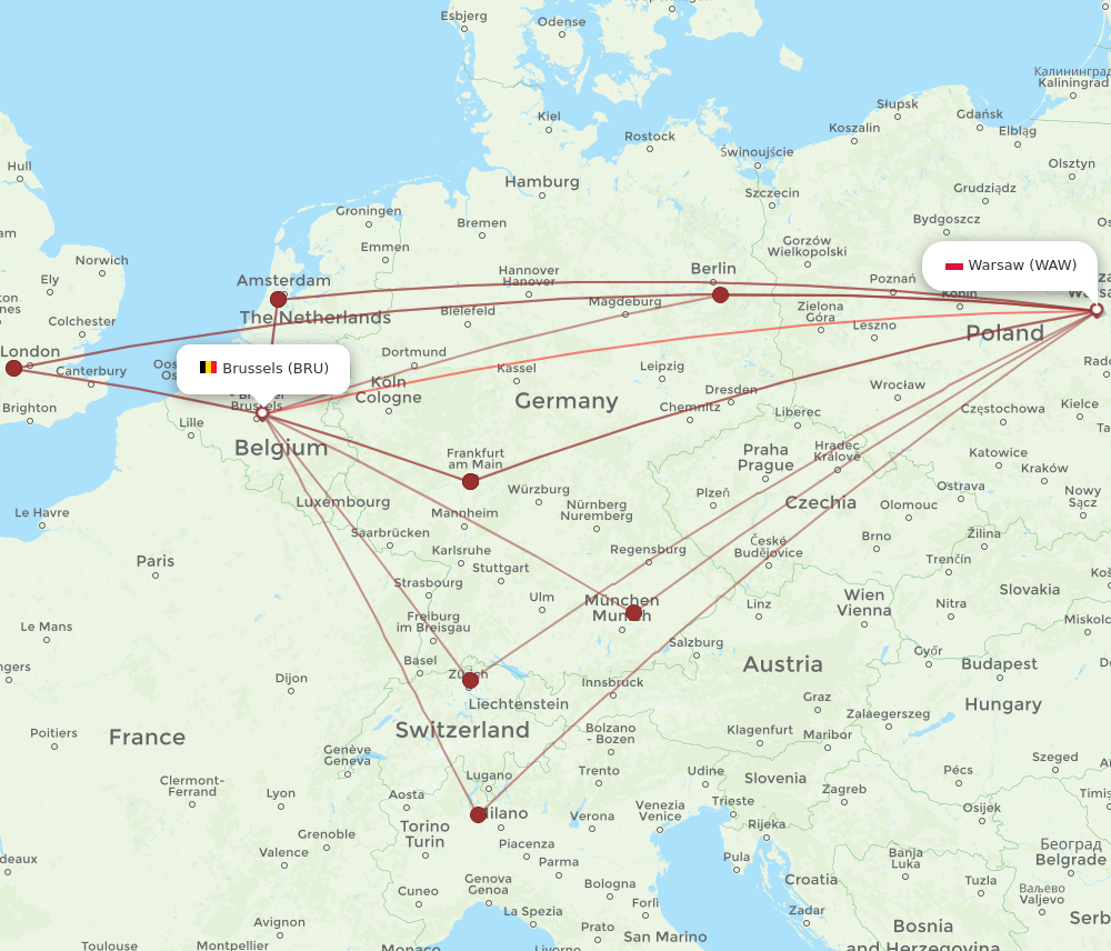 Flights from Brussels to Warsaw BRU to WAW Flight Routes