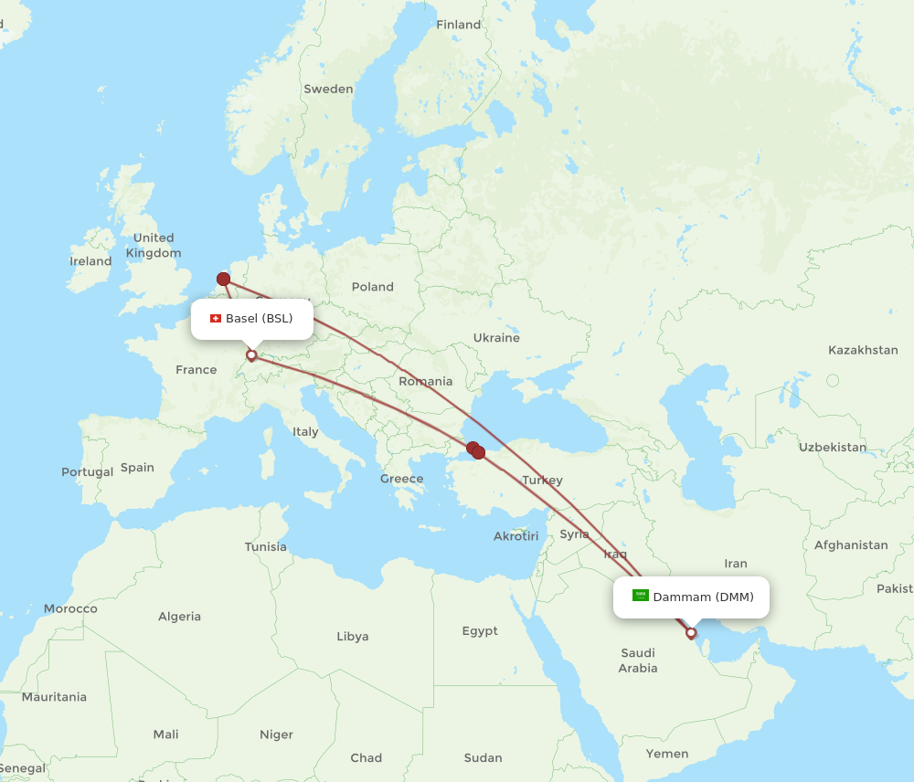 BSL to DMM flights and routes map