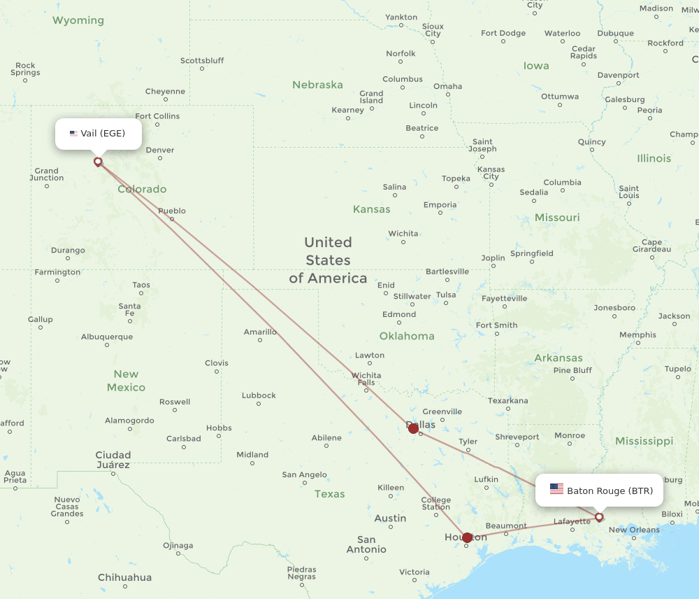 Flights from Baton Rouge to Vail, BTR to EGE Flight Routes