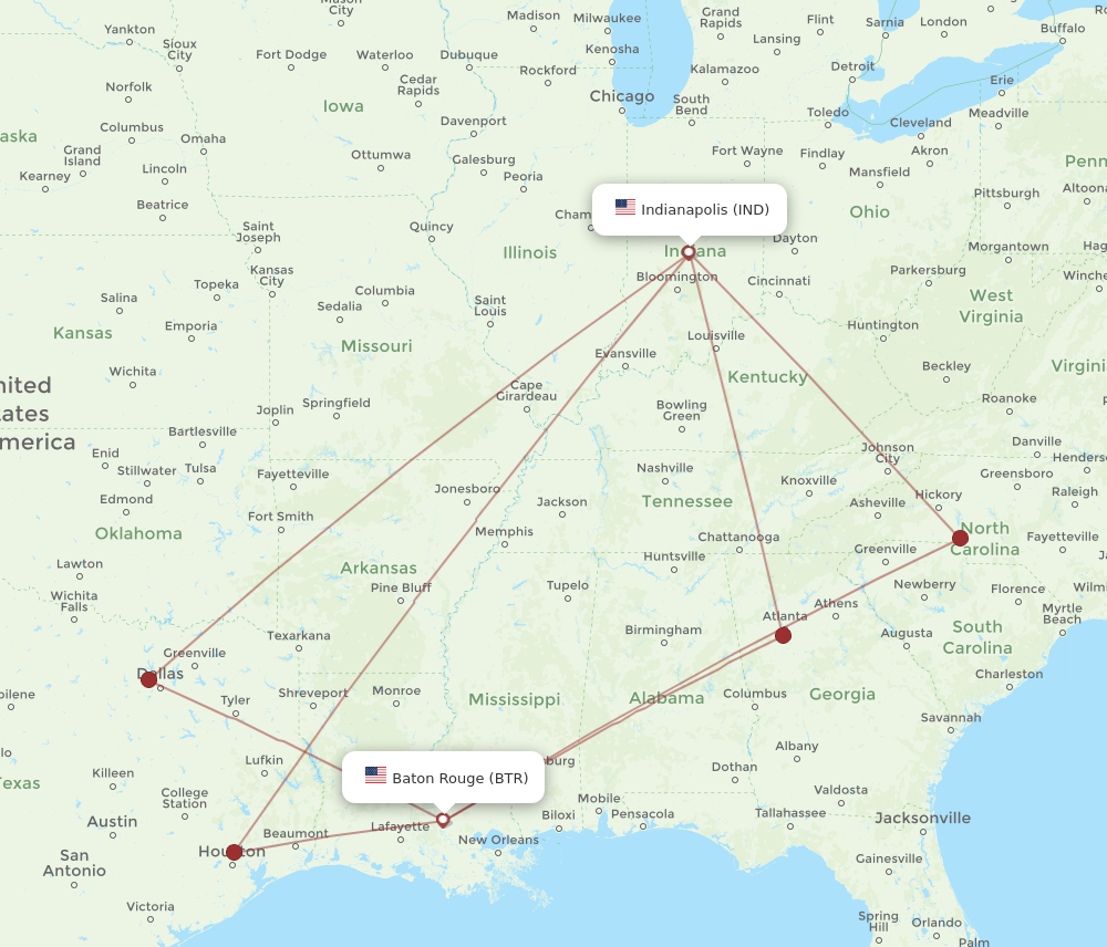 Flights from Baton Rouge to Indianapolis BTR to IND Flight Routes