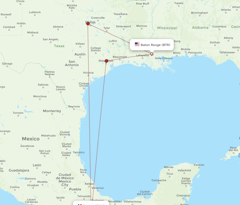 All flight routes from Baton Rouge to Oaxaca, BTR to OAX Flight Routes