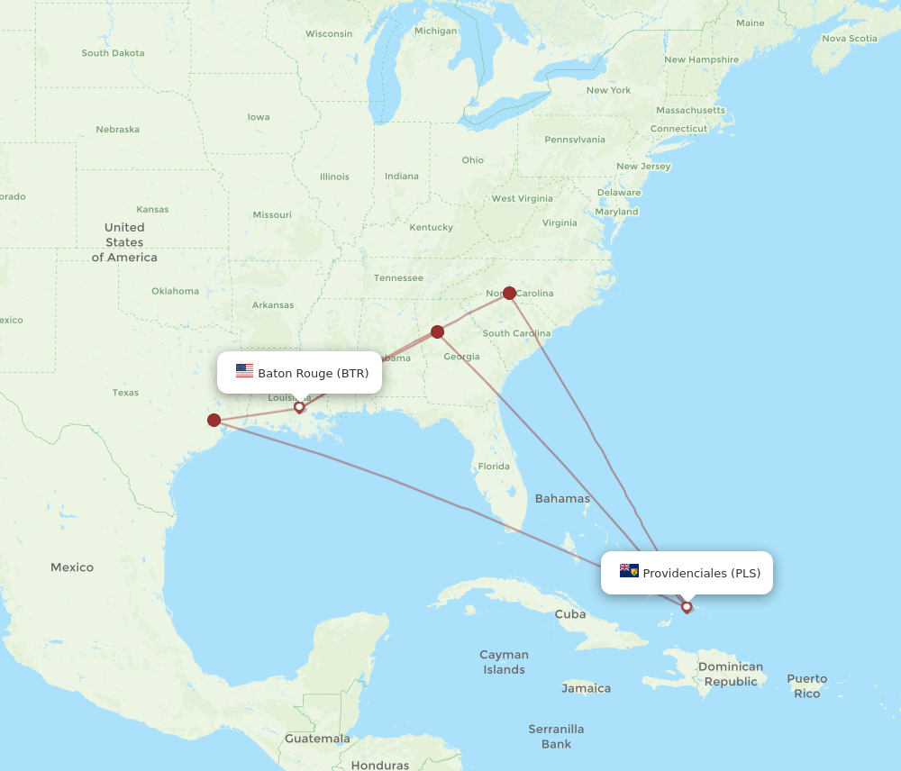 All Flight Routes From Baton Rouge To Providenciales, Btr To Pls 