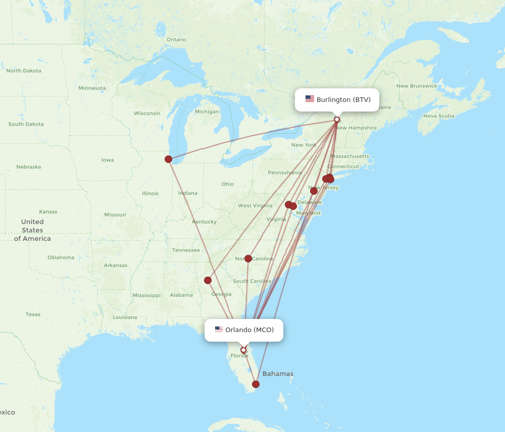 All flight routes from Burlington to Orlando, BTV to MCO - Flight Routes