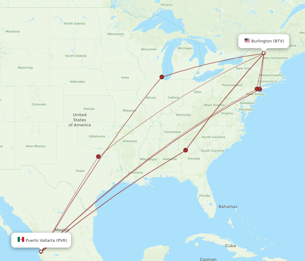 All flight routes from Burlington to Puerto Vallarta, BTV to PVR ...