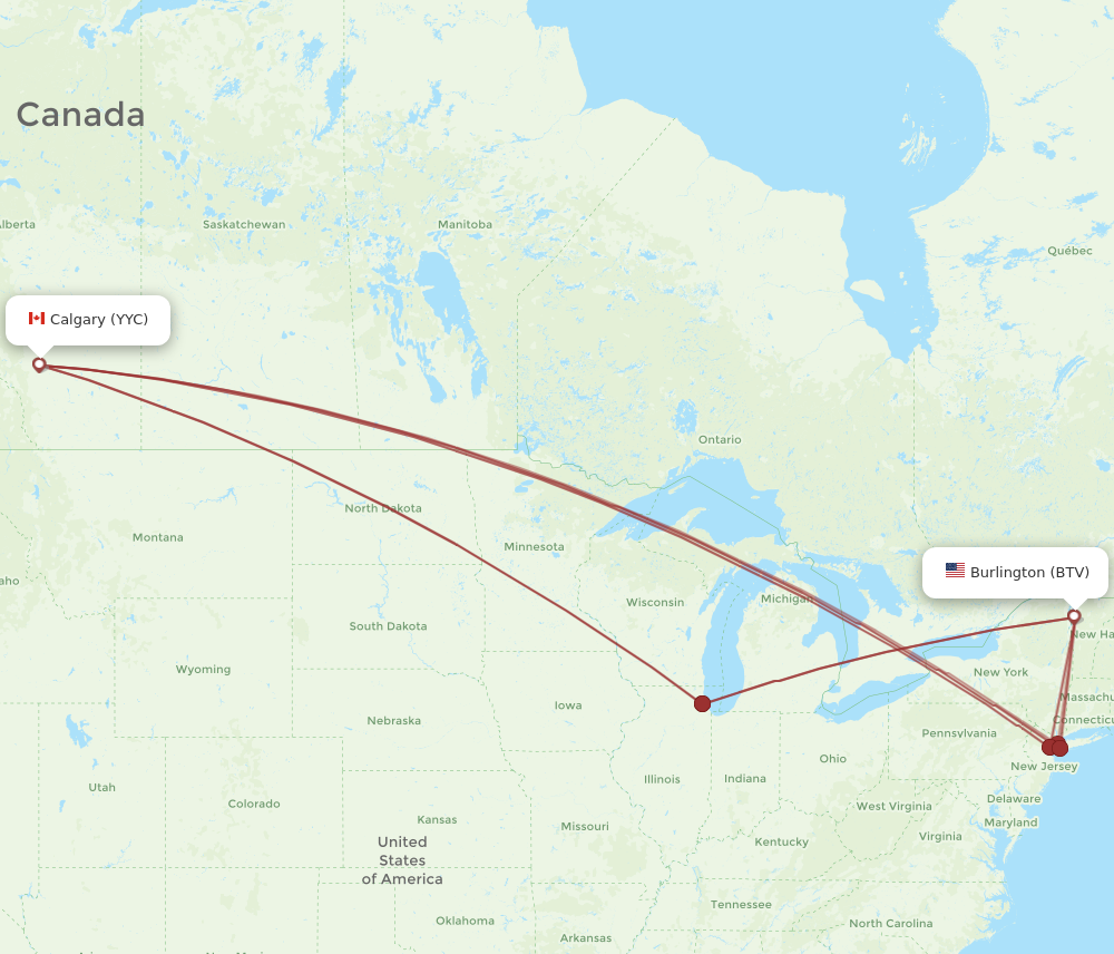 All flight routes from Calgary to Burlington, YYC to BTV - Flight Routes