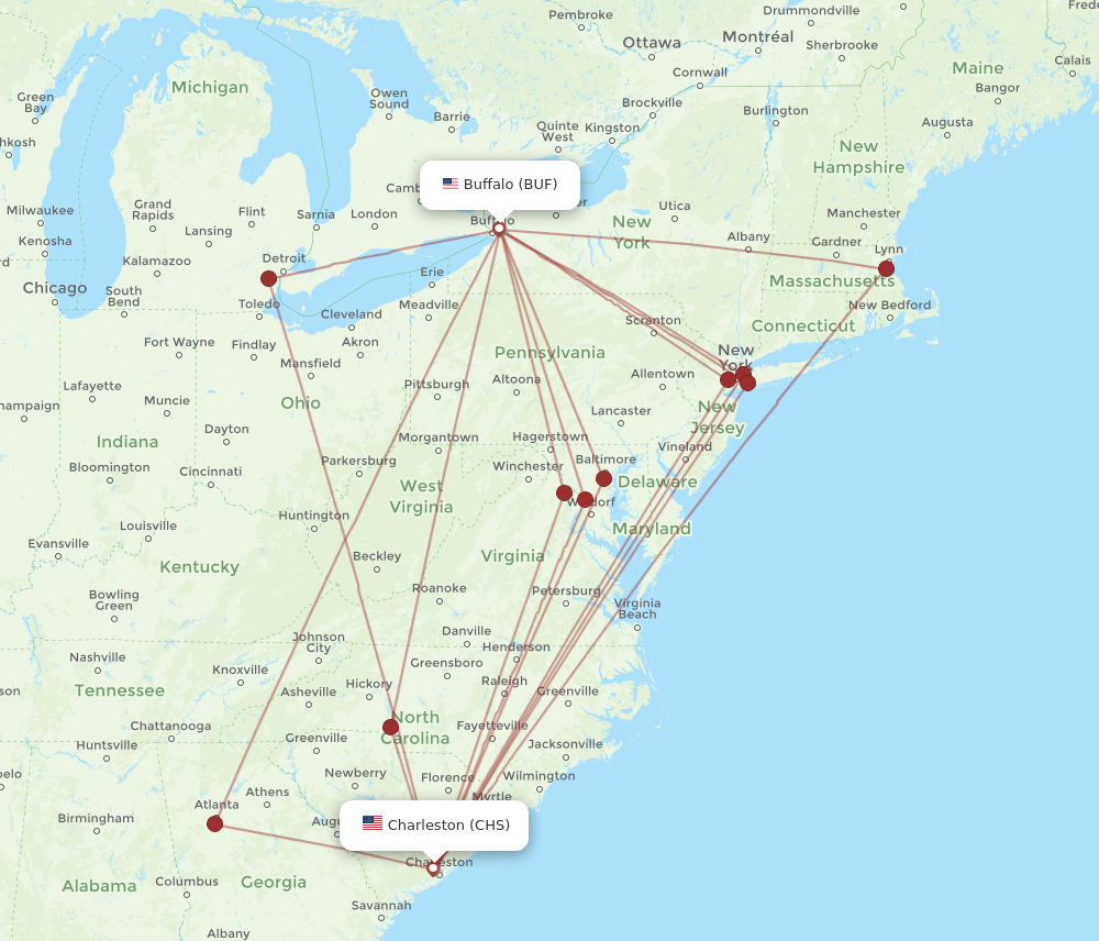 All flight routes from Buffalo to Charleston, BUF to CHS - Flight Routes