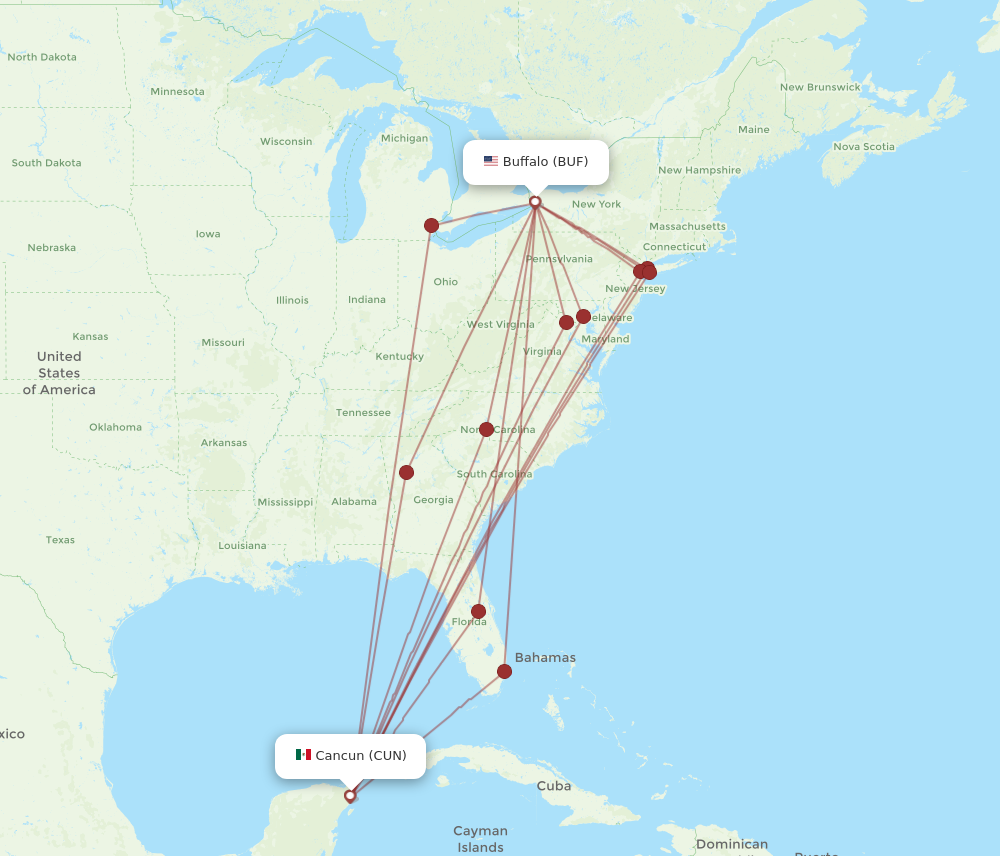 All flight routes from Buffalo to Cancun, BUF to CUN - Flight Routes