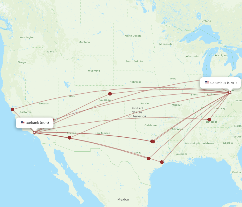 All flight routes from Burbank to Columbus, BUR to CMH - Flight Routes