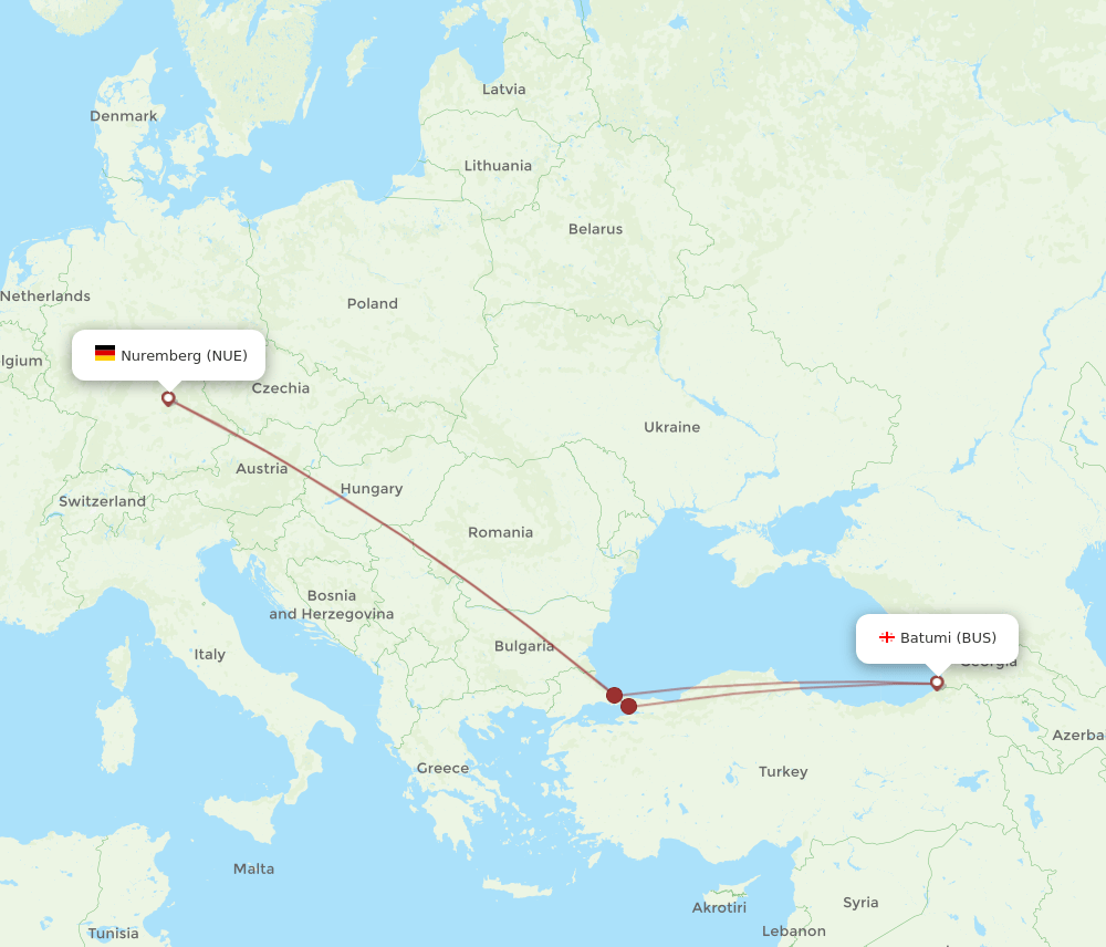 All flight routes from Batumi to Nuremberg, BUS to NUE - Flight Routes