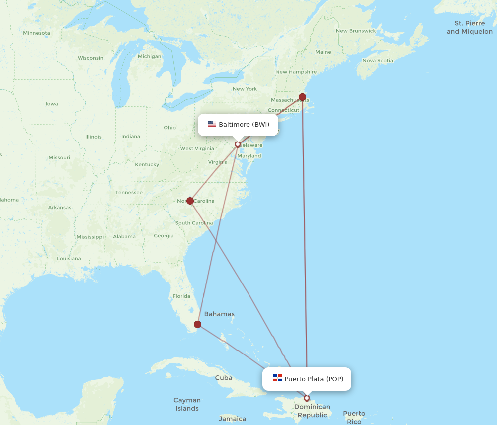 All flight routes from Baltimore to Puerto Plata, BWI to POP - Flight ...