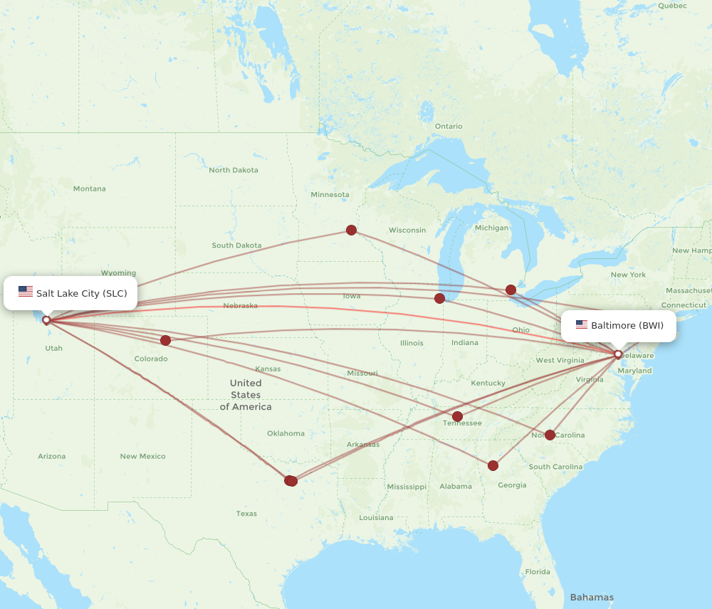 All flight routes from Baltimore to Salt Lake City, BWI to SLC - Flight ...