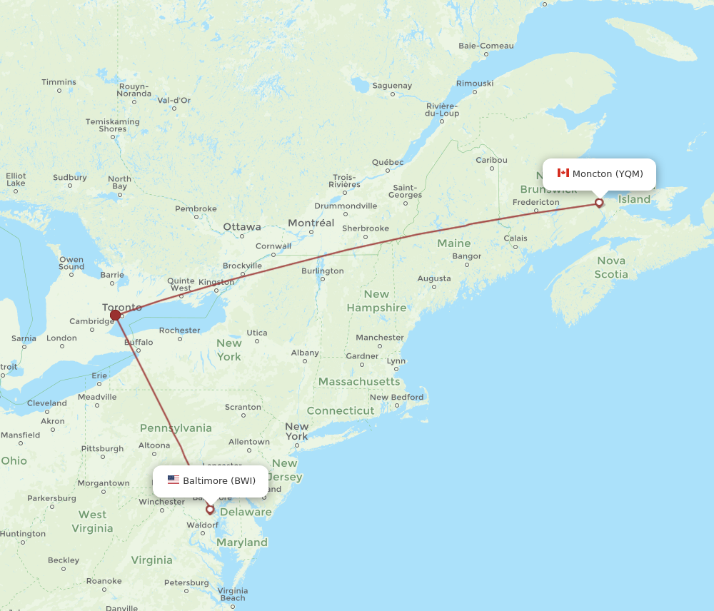 Flights from Baltimore to Moncton BWI to YQM Flight Routes